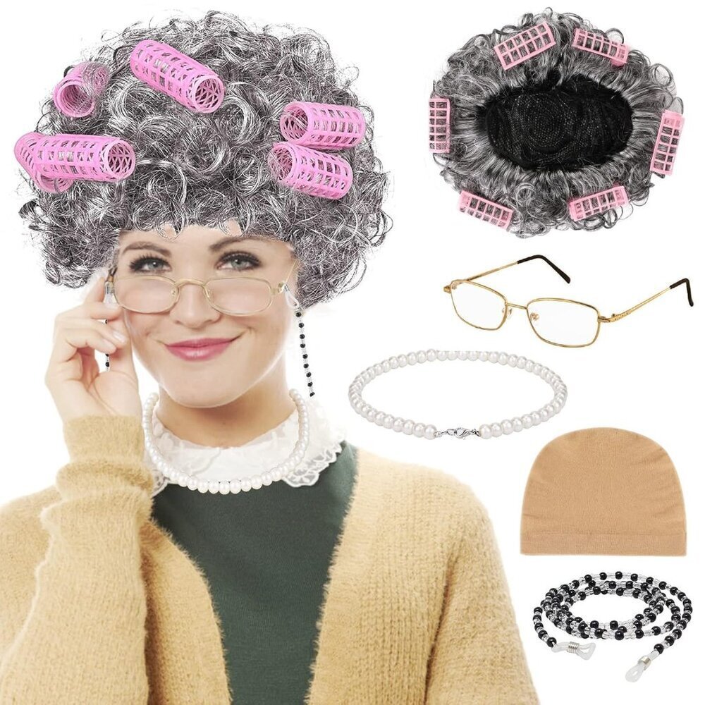 Old Lady Costume Set Granny Wig Hair Rollers Glasses Necklace for Dress Up